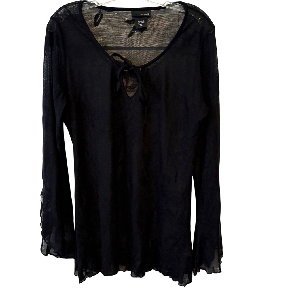 Hennes Women's Black Floral Sheer Y2K 90s Dark‎ Fairy Top in Size L